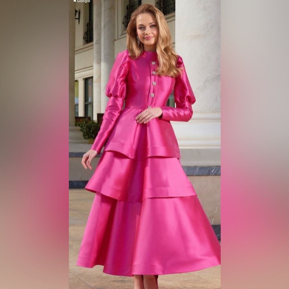 Pink custom ruffle dress made in Turkey modest hijab friendly